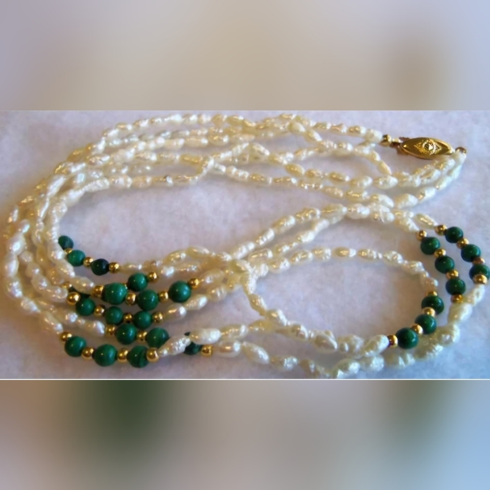 Vintage Freshwater Baroque Cream Pearls Green Malachite Stone 3 Strand Necklace